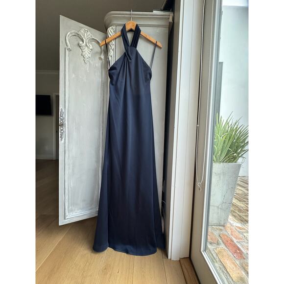 BHLDN Ruby Gown Sz 4 Women’s Navy Dress Twist Halter Satin Backless - Picture 1 of 11
